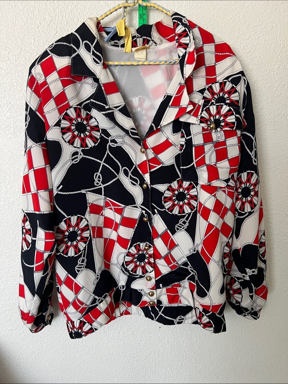 VTG 80’s Button-Down Shirt in Black, Red & White - Nautical Print